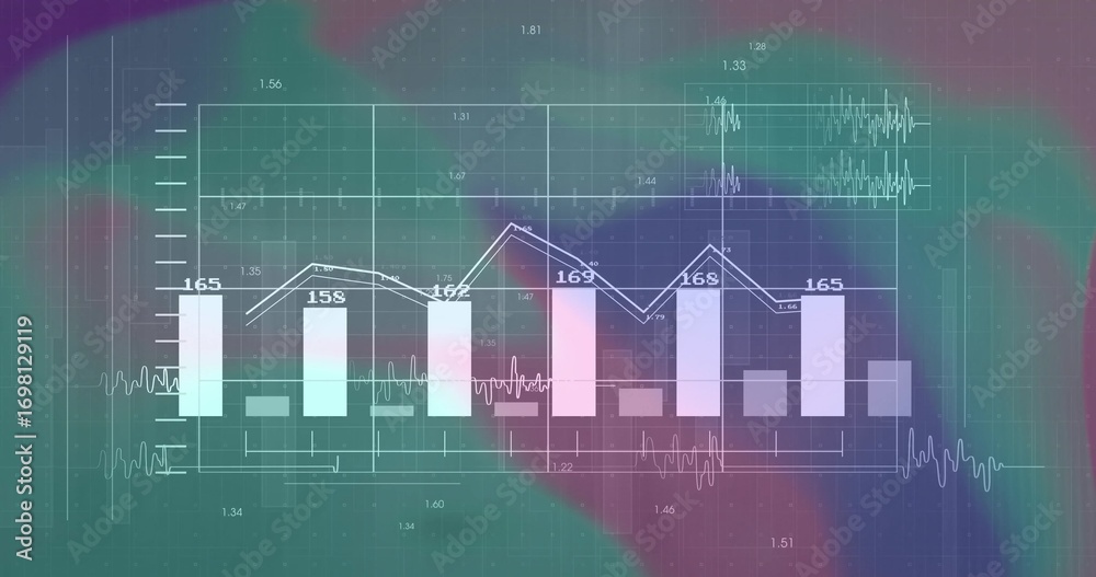 Wall mural displaying bar and line chart on dashboard, waveforms, grid lines with ticks and numeric labels
