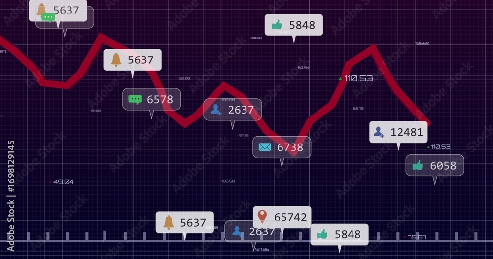 Wall mural displaying dashboard interface with red trend line on purple grid, with notification and chat icons