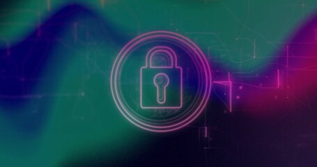 Glowing neon padlock icon pulsing within cyberspace rings, with pink waveform and circuit lines