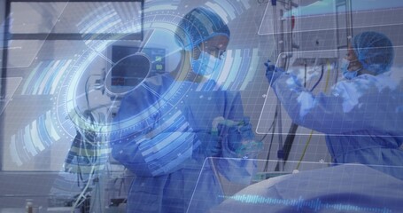 Performing emergency ventilation three healthcare professionals coordinating in ICU, with monitors