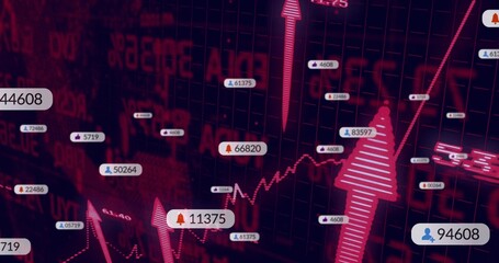 Displaying trading screen showing red line charts, up arrows, labels, notification and user icons