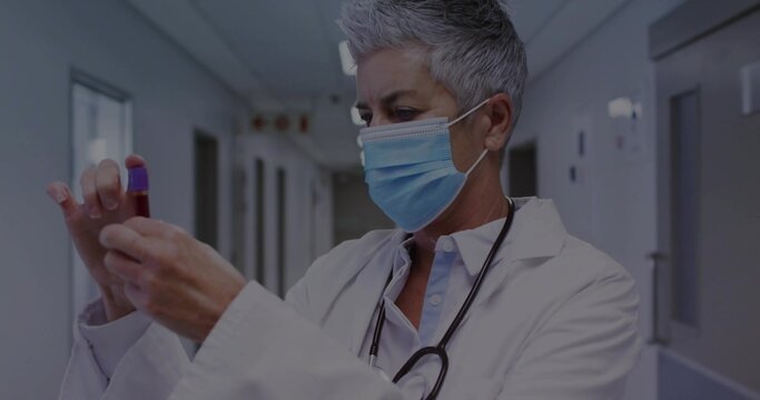 Senior doctor wearing mask inspecting blood sample vial in hospital corridor, with stethoscope