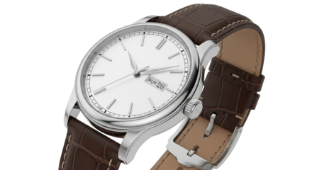 Elegant wristwatch with leather strap, isolated on transparent background



 
