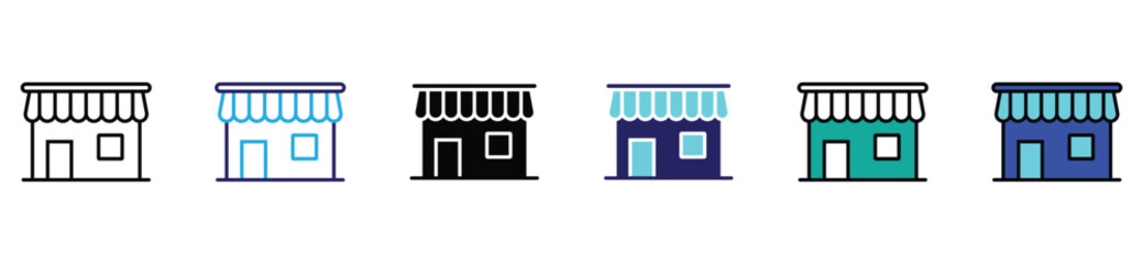 Storefront shop icon set with awning, outline and filled style for retail and business apps