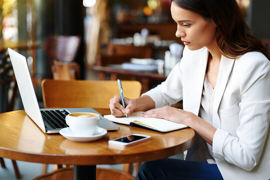 Woman writing in notebook at cafe with laptop and coffee image