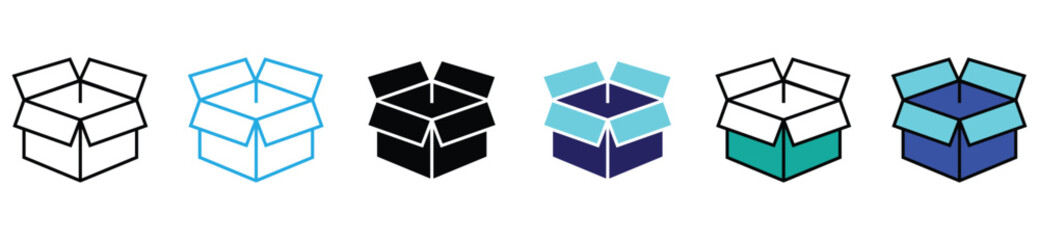 Open box package icon set, outline and filled style symbols for delivery and e-commerce apps