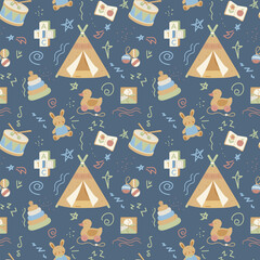 Seamless Scandinavian kids pattern with wooden toys and play tent on blue background. Cozy hygge baby vector design for nursery fabric, wallpaper, packaging and children’s decor
