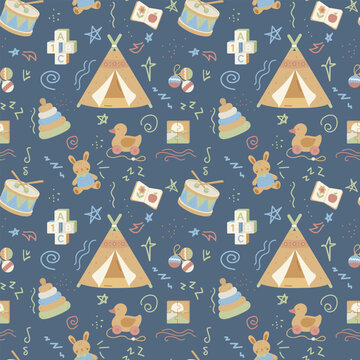 Seamless Scandinavian kids pattern with wooden toys and play tent on blue background. Cozy hygge baby vector design for nursery fabric, wallpaper, packaging and children&rsquo;s decor