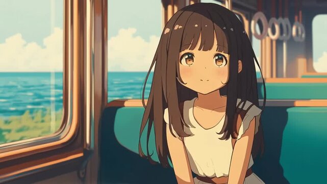 電車で座っているアニメ調の美少女