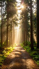 Obraz premium Sunlight streams through a dense forest path