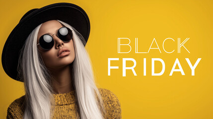 Black Friday Sale with a Fashionable Woman: A stylish woman with light hair, round sunglasses, and a hat exudes modern chic and the essence of luxury during the excitement of a Black Friday sale. 