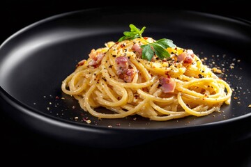 Classic carbonara pasta featuring crispy bacon bits, freshly ground black pepper, parsley garnish atop sleek dark ceramic plate