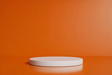 Minimalist white podium with orange backdrop creates a clean, modern stage for product display and presentation