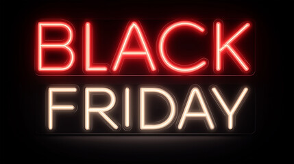 Black Friday Neon Sign: Captivating neon sign illuminates the words BLACK FRIDAY in a vibrant display of red and white, signaling the beginning of a shopping extravaganza, enticing potential buyers.