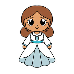 Charming cartoon princess in a lovely blue and white gown, a cute chibi girl character with big eyes for fairy tale illustrations