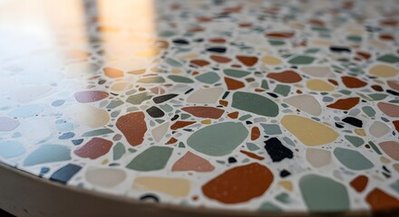 Naklejka premium Vibrant terrazzo surface texture with warm sunlight creating elegant reflections, perfect for modern interior design.
