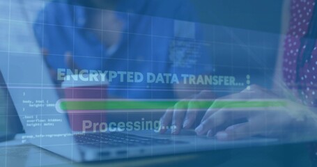 Office professional typing on laptop in office, with encrypted data transfer progress bar, red mug