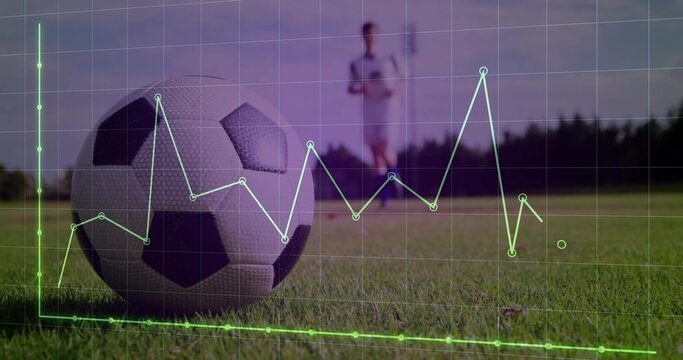 Resting black-and-white soccer ball balancing on trimmed grass pitch, with green line graph overlay