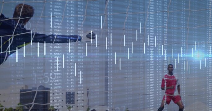 Diving goalkeeper stretching toward soccer ball near goal frame on pitch, with financial overlays