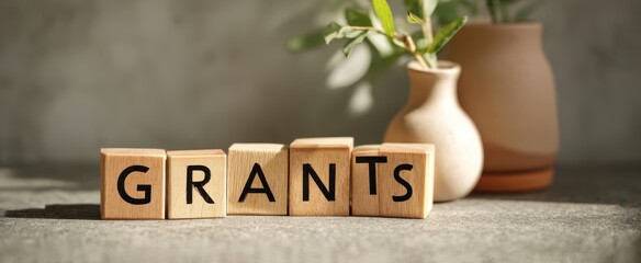 The Grants Concept with Wooden Letter Blocks and Potted Succulent Plant