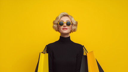 Sophisticated Shopper: A stylish woman, adorned with chic sunglasses, is the picture of elegance as she poses with shopping bags against a vibrant yellow backdrop, symbolizing modern luxury.