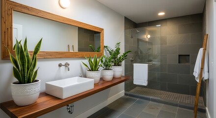 Fototapeta premium Modern bathroom with plants, wooden vanity, and glass shower