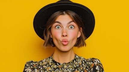 Fashionable Surprise: A stylish woman, adorned in a chic black hat, expresses astonishment, her captivating expression mirroring a moment of genuine surprise and delight against vibrant background.