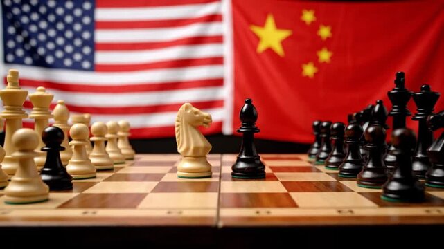 Chess pieces on a board set against the USA and China flags, symbolizing political strategy.