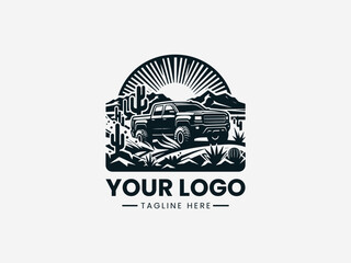 Fototapeta premium Vintage pickup truck off road adventure vector logo with desert cactus landscape