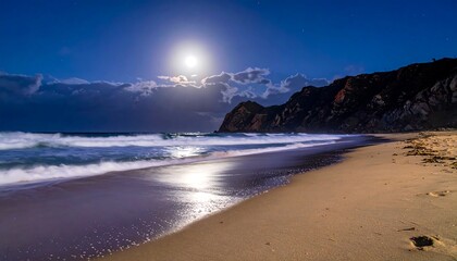 Moonlit beach at night. Waves softly break on the shore beneath a bright, almost blinding full moon