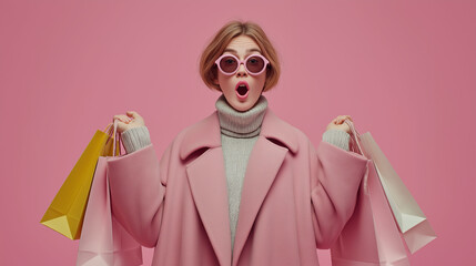Fashion-Forward and Flabbergasted: A stylish individual, sporting fashionable attire and rose-tinted glasses, is utterly amazed, holding shopping bags that symbolize a day of retail exploration.