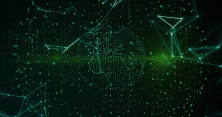 Rotating dotted Earth globe in green data space, with glowing nodes, binary code and thin lines