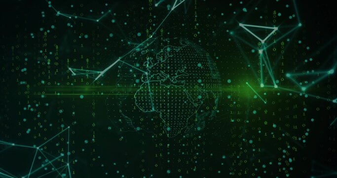 Naklejki Rotating dotted Earth globe in green data space, with glowing nodes, binary code and thin lines