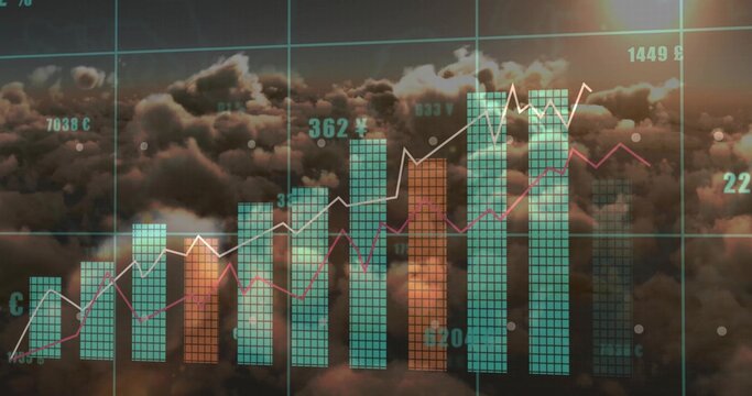Fototapeta Financial chart hovering in cloudy sky, with bars, lines, teal grid, numeric labels