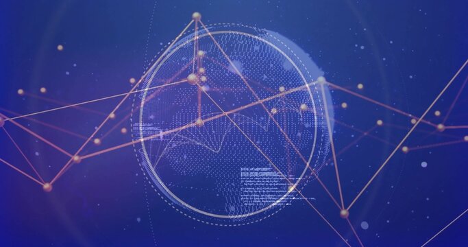 Displaying wireframe mesh sphere pulsing in virtual digital space, with orange-gold nodes and lines