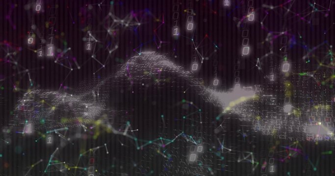 Flowing wave of binary digits through virtual data tunnel, with glowing nodes and thin lines