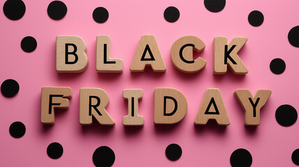 Black Friday Promotion: A dynamic shot of the words Black Friday spelled out in wooden blocks, against a backdrop of lively polka dots.