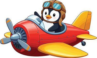 Adorable cartoon penguin flying red airplane, wearing aviator goggles and helmet, cute pilot character, aviation theme, isolated white background