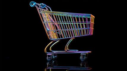 Shopping Cart in Color Spectrum: A meticulously crafted, miniature shopping cart gleams under a spectrum of vivid lights. The cart's form is showcased in sharp focus against a dark backdrop.