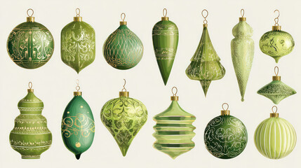 A joyful assortment of sophisticated green-toned vector Christmas tree decorations. Ideal for projects with a Christmas theme. Excellent vector images that are easily customizable and completely scala