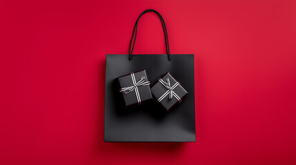 Black Gift Bag and Boxes on Red: A sophisticated black gift bag cradles two exquisitely wrapped gift boxes, tied with silver ribbons, set against a vibrant red background.