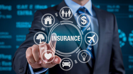 Businessman touching digital circle of insurance icons representing protection and security