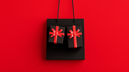 Gifts of Grandeur: An inviting image showcasing an array of two beautifully wrapped gift boxes nestled within a sleek shopping bag, all against a striking, solid-colored backdrop of rich red.