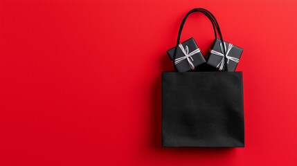Black Friday Gift: A top-down view unveils a stylish black shopping bag, overflowing with carefully wrapped gifts, set against a vibrant red backdrop, exuding excitement and anticipation.