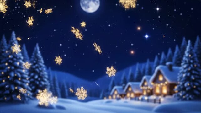 Whimsical overlay sparkling golden snowflakes glowing softly dreamy holiday night. fantastic celestial overlay radiant auric flake luminescence serene festive eve.