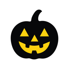 Black Halloween pumpkin icon with glowing yellow jack o lantern face for spooky holiday design