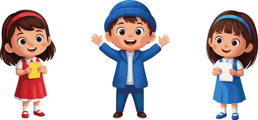 Cartoon children illustration, happy boy in blue clothes, two smiling girls holding books, school kids, education, learning, childhood concept