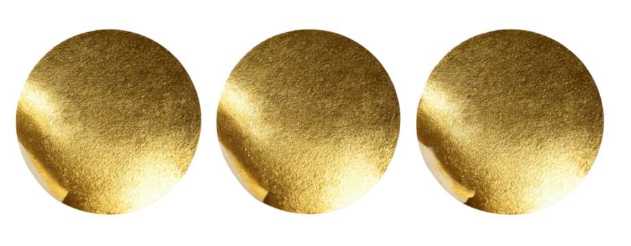 Three circular, gold-toned discs against a black background.  The discs have a slightly textured, uneven surface