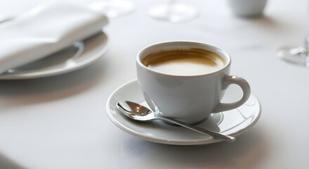 Elegant espresso cup with crema and spoon on clean white cafe table setting