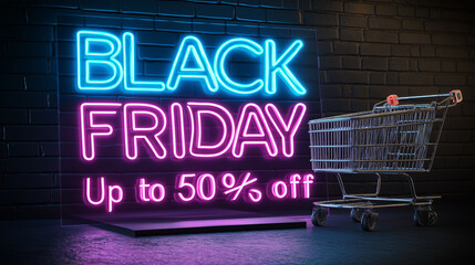 Black Friday Neon Sign with Shopping Cart: Illuminated neon sign offering Up to 50% Off paired with an empty shopping cart, captures the anticipation and excitement of the annual shopping frenzy.